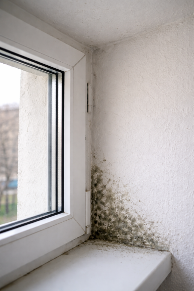 Schimmelbildung Laibung Fensterschaden im Altbau mit Schimmel in den Laibungsecken durch undichte Fenster